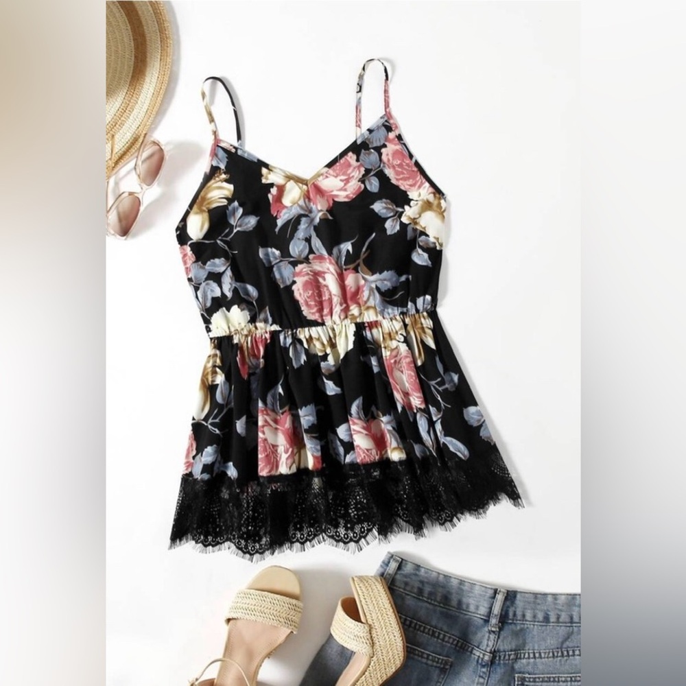 Floral Print Lace Hem Peplum Cami Top